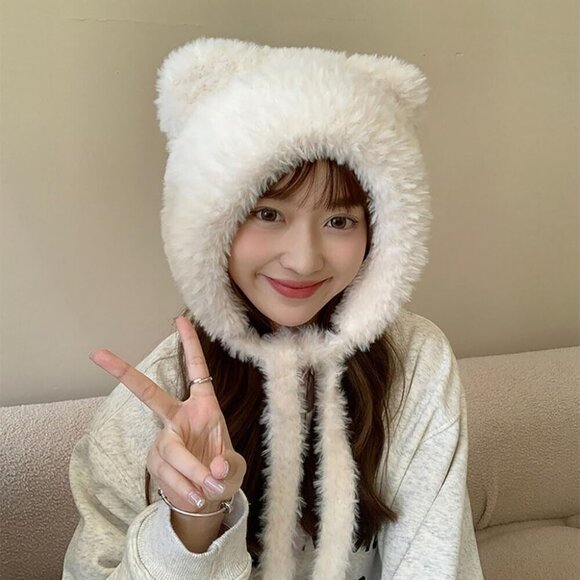 Women White Winter Beanie Hats Knit Ear Flaps Cute Stuffed Bear Ears Fleece main image 6